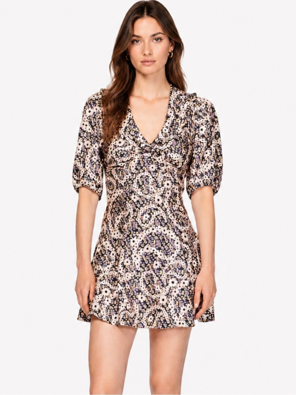 Sandro Paris Silk Floral Paisley Mini Dress Fit Flare Puff Sleeve NWT